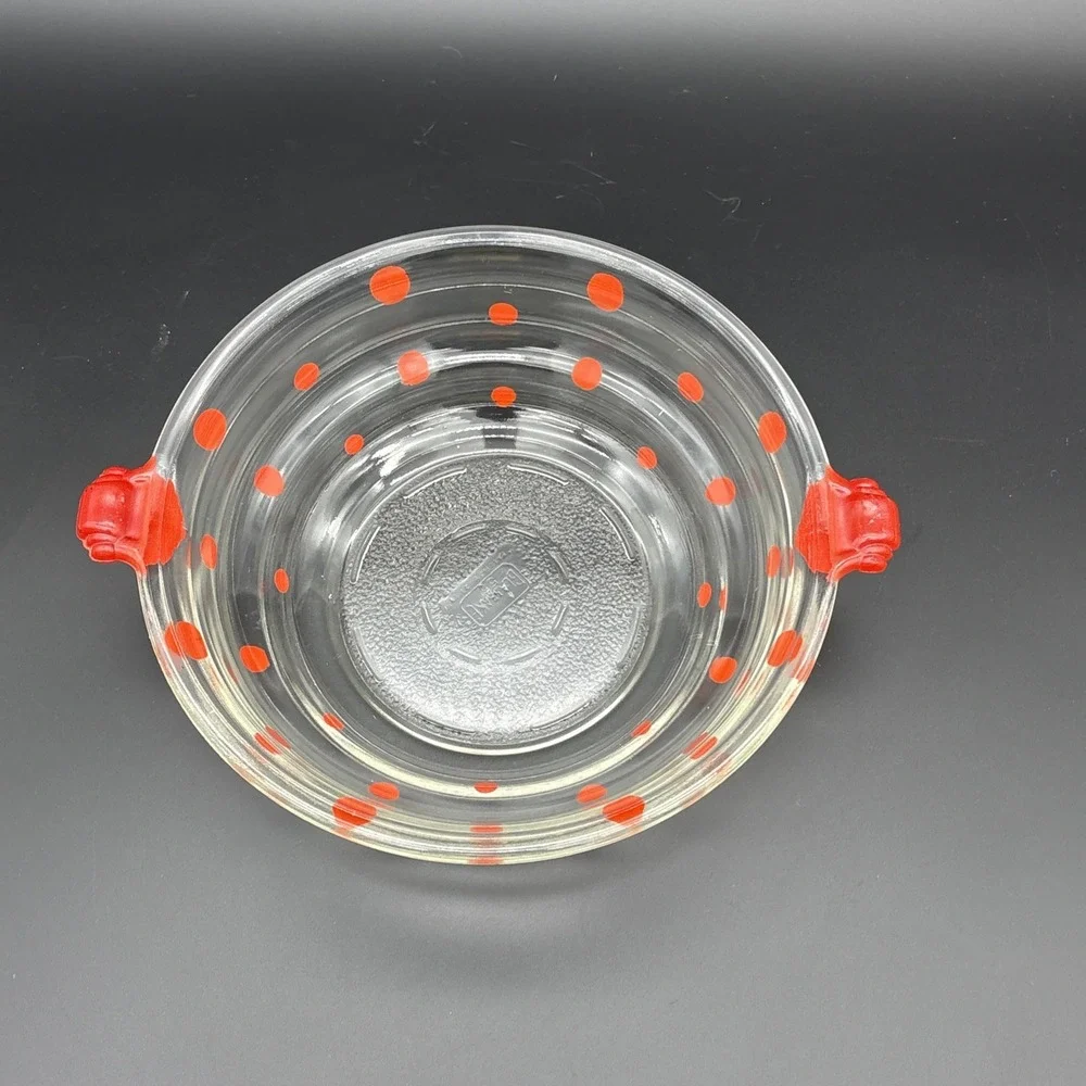 Vintage 1920s Glasbake Red Polka Dot Bowl Tab Handles Textured Bottom #55